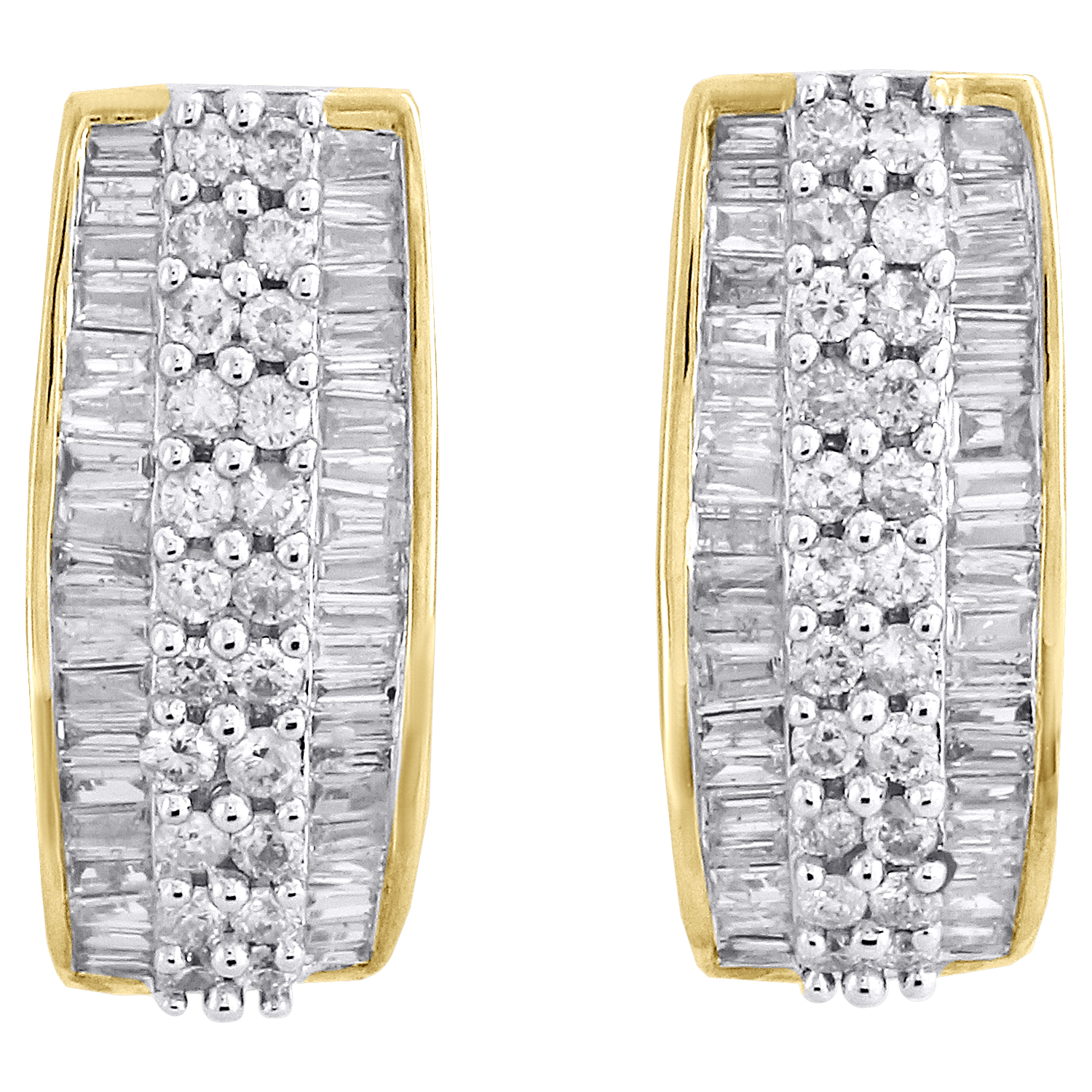 14K Solid Yellow Gold Baguette Huggie Hoop Earrings 2TCW