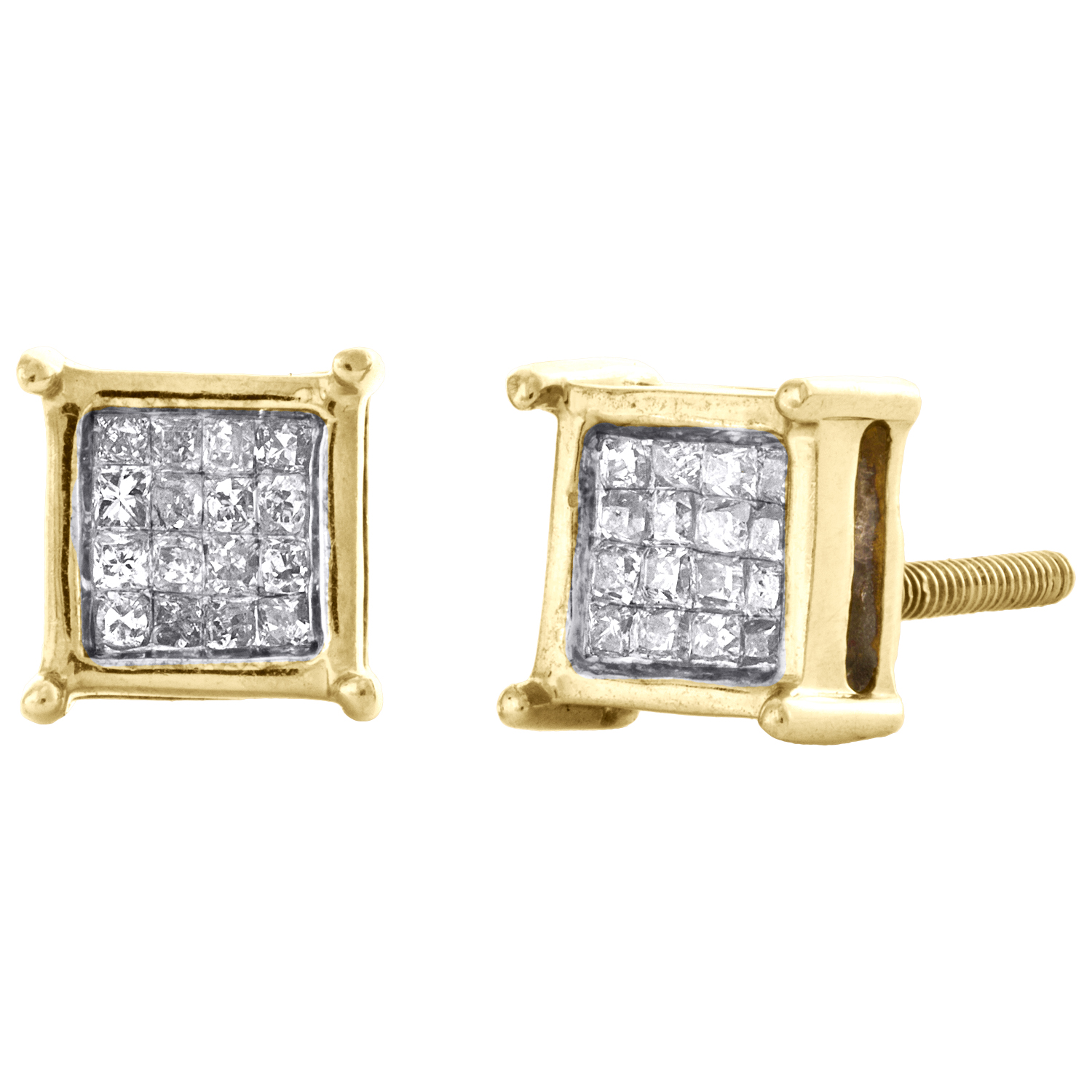 Solid 14K Yellow Gold Earrings Genuine Diamond Princess Cut Invisible Setting .