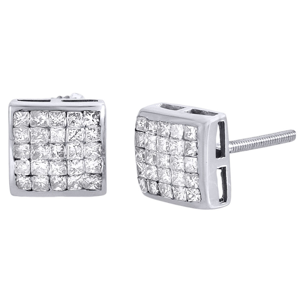 Diamond Square Earrings 14K White Gold Princess Cut Design Studs 1 Tcw ...