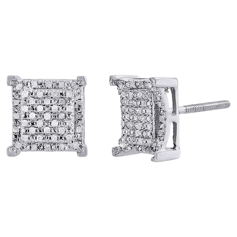 Diamond Square Earrings 10K White Gold Round Cut Pave Design Studs 0.25 ...