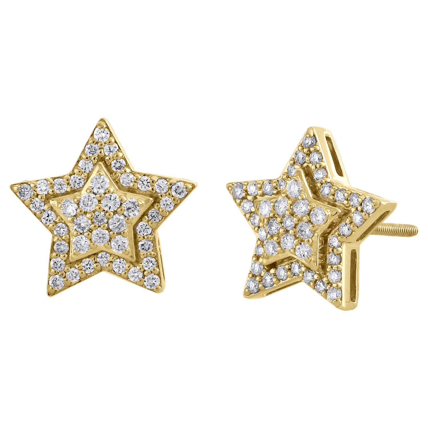 10K Yellow Gold Diamond Star Studs 12mm Double Halo Frame Pave Earrings