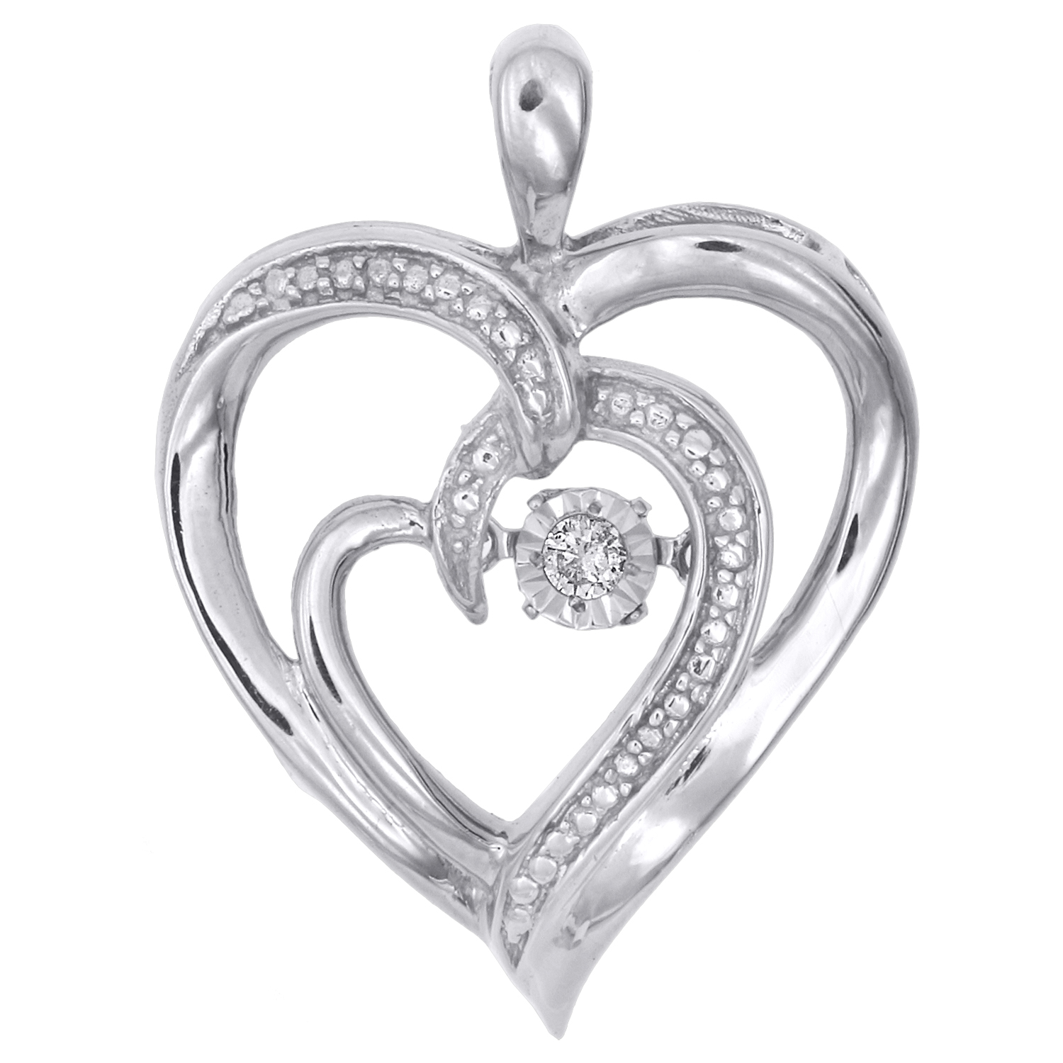Sterling Silver & Dancing Diamond Double Heart Frame Pendant 1