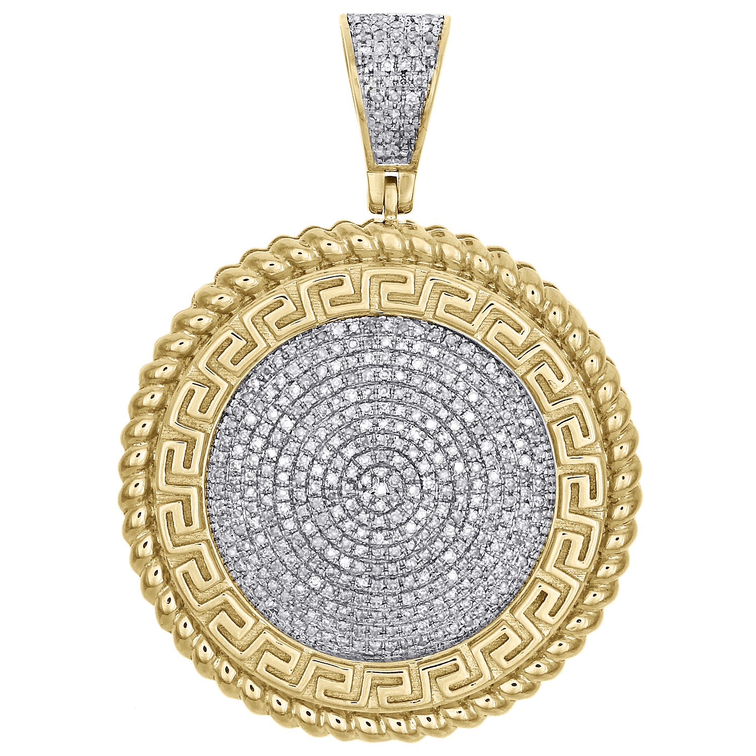 10K Yellow Gold Mens Diamond Greek Key Milgrain Medallion