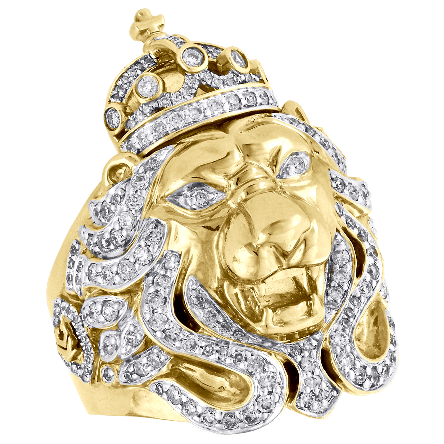 10K Yellow Gold Mens Diamond Lion Crown King Pinky Ring 33mm Pave Band ...