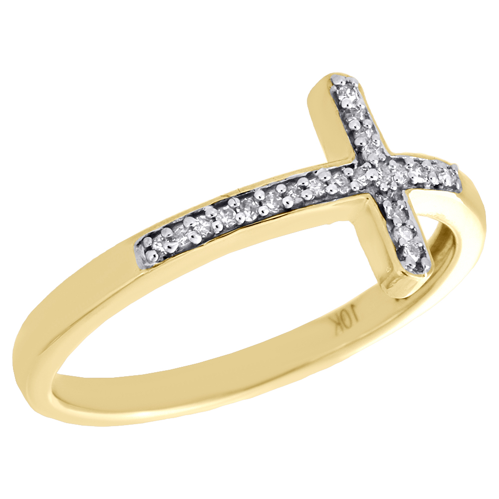 10K Yellow Gold Diamond Sideways Cross Promise Ring Religious Band 0.05
