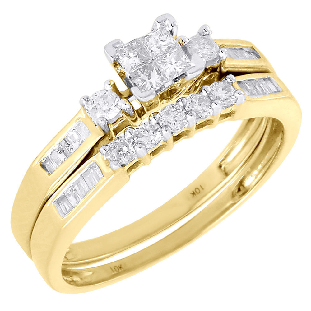 Ladies 10K Yellow Gold Diamond Engagement Ring Princess Wedding Band ...