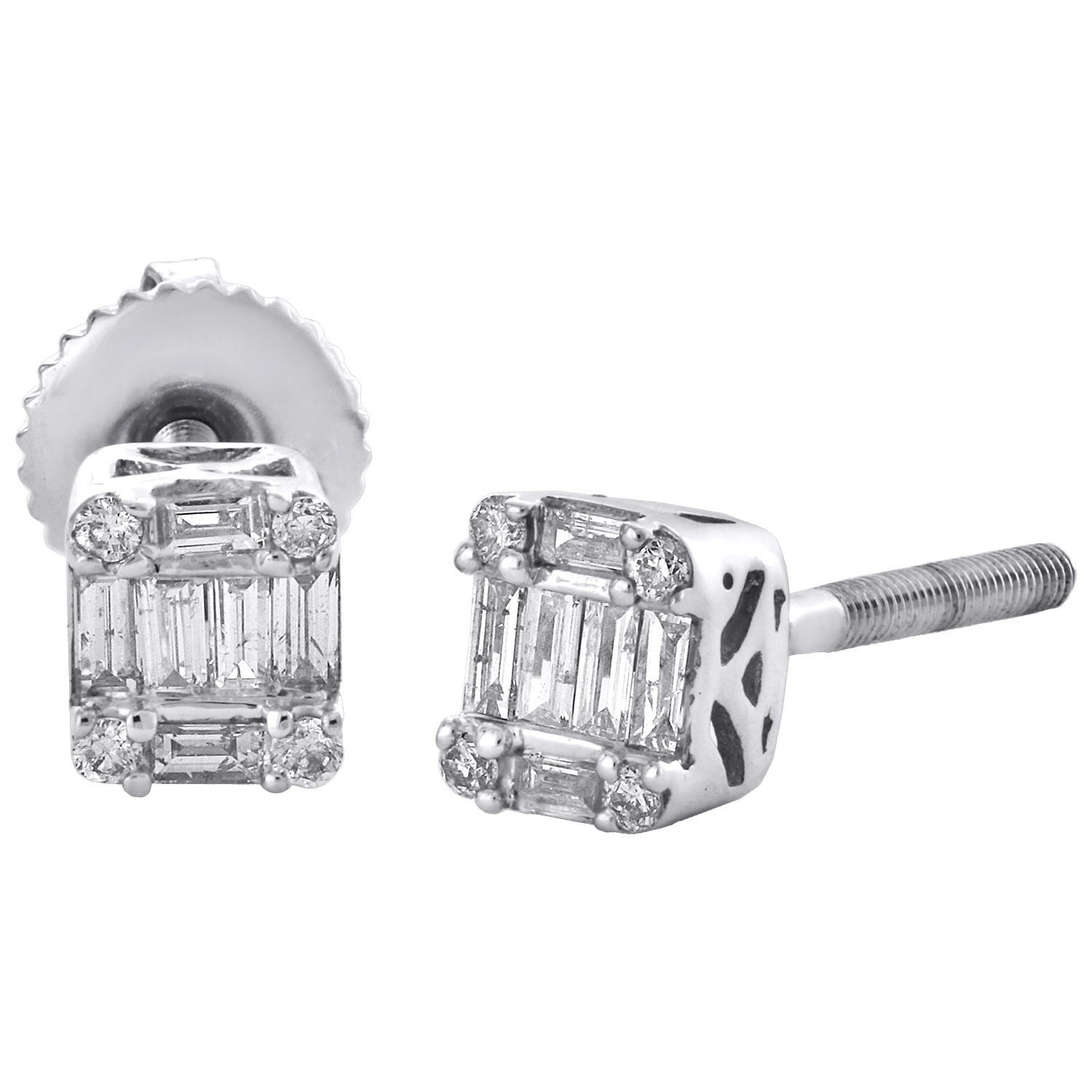 3.00CT 14K White Gold Princess Square Basket Screw Back Stud Earrings 0.25CT