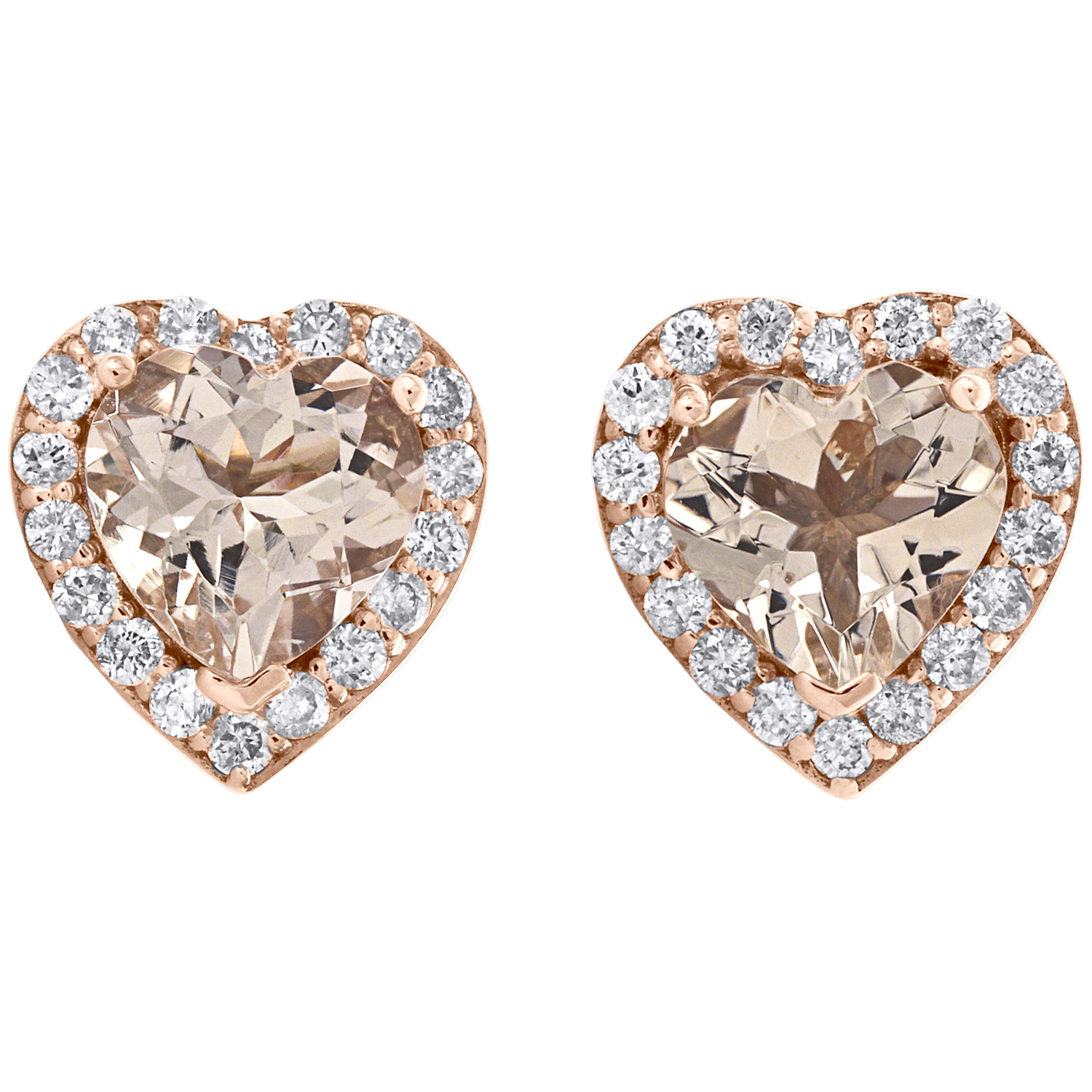 10K Rose Gold Diamond & Heart Shape Morganite Stud 8.50mm Earrings 1.50 ...
