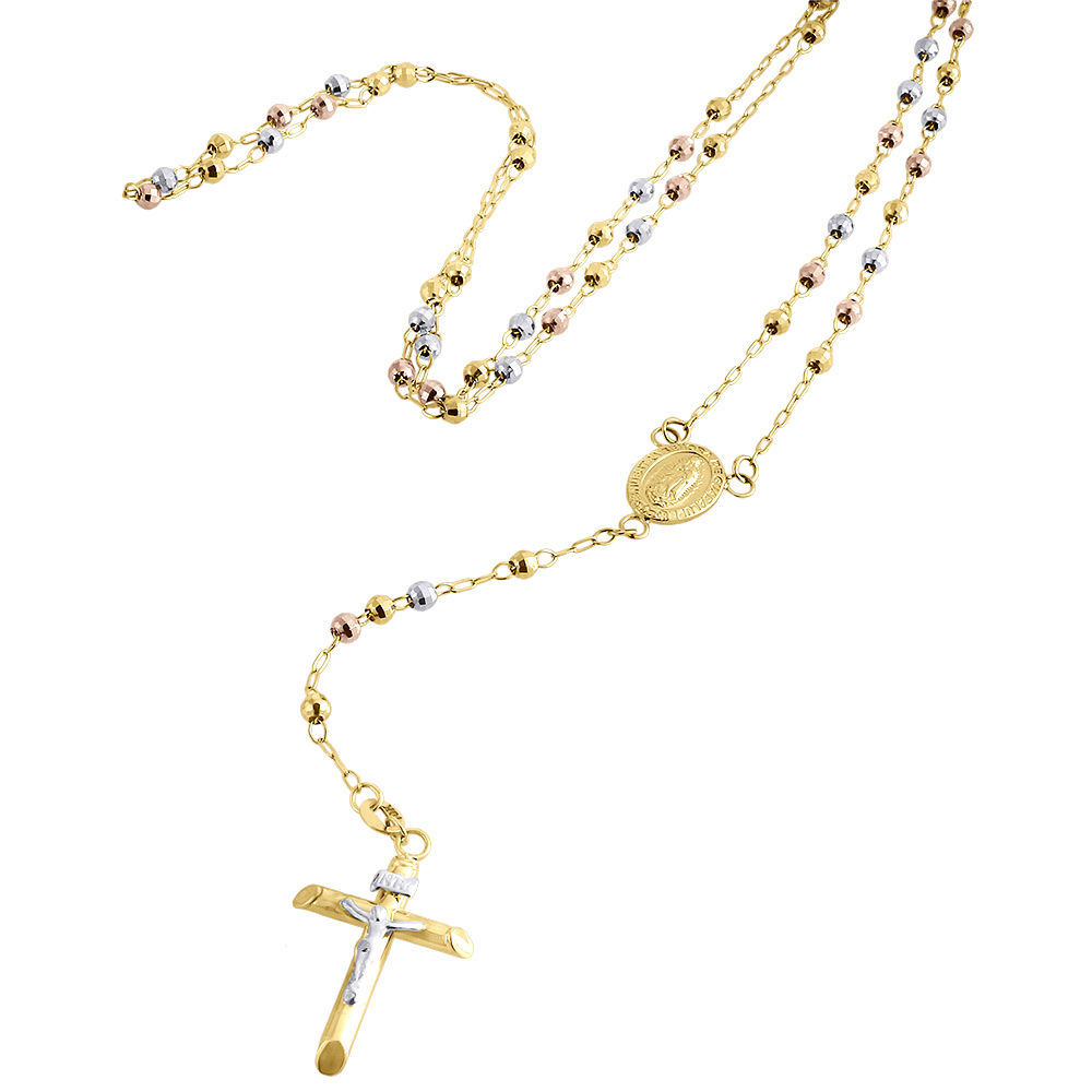 Or 14K Tri-Couleur Multi Tone Bead chapelet Style Cross Necklace 26/"