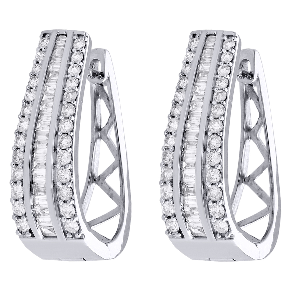 LADIES HOOP EARRINGS 1.50CT ROUND/BAGUETTE DIAMOND 10K WHITE GOLD LADIES HOOP EARRINGS 1.50CT ROUND/BAGUETTE DIAMOND 10K WHITE GOLD