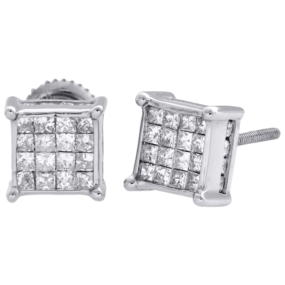 14K White Gold Princess Diamond Square Studs 4 Prong 7.5mm 3D Earrings ...