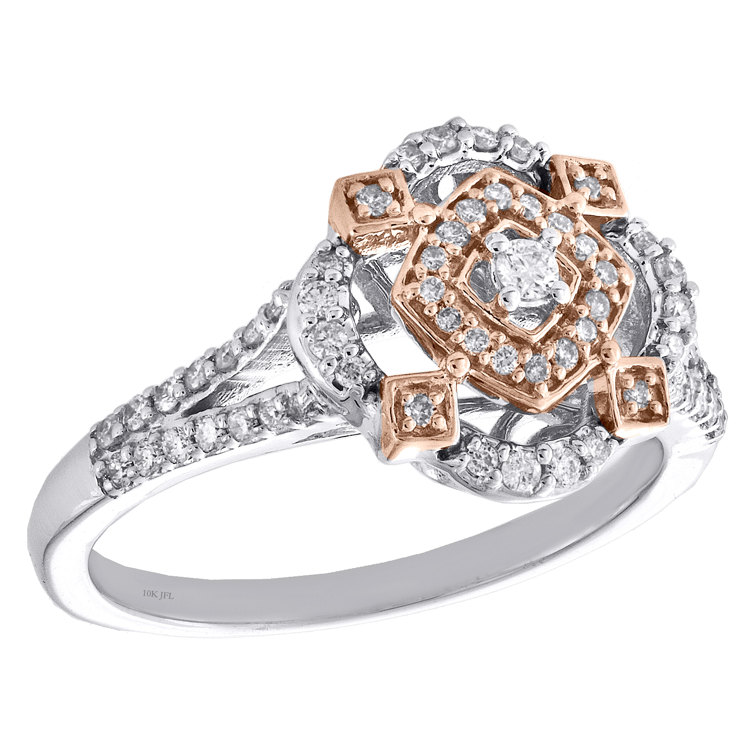 14K Two Tone Gold Round Diamond Square Bypass Flower Engagement Ring 1/ ...