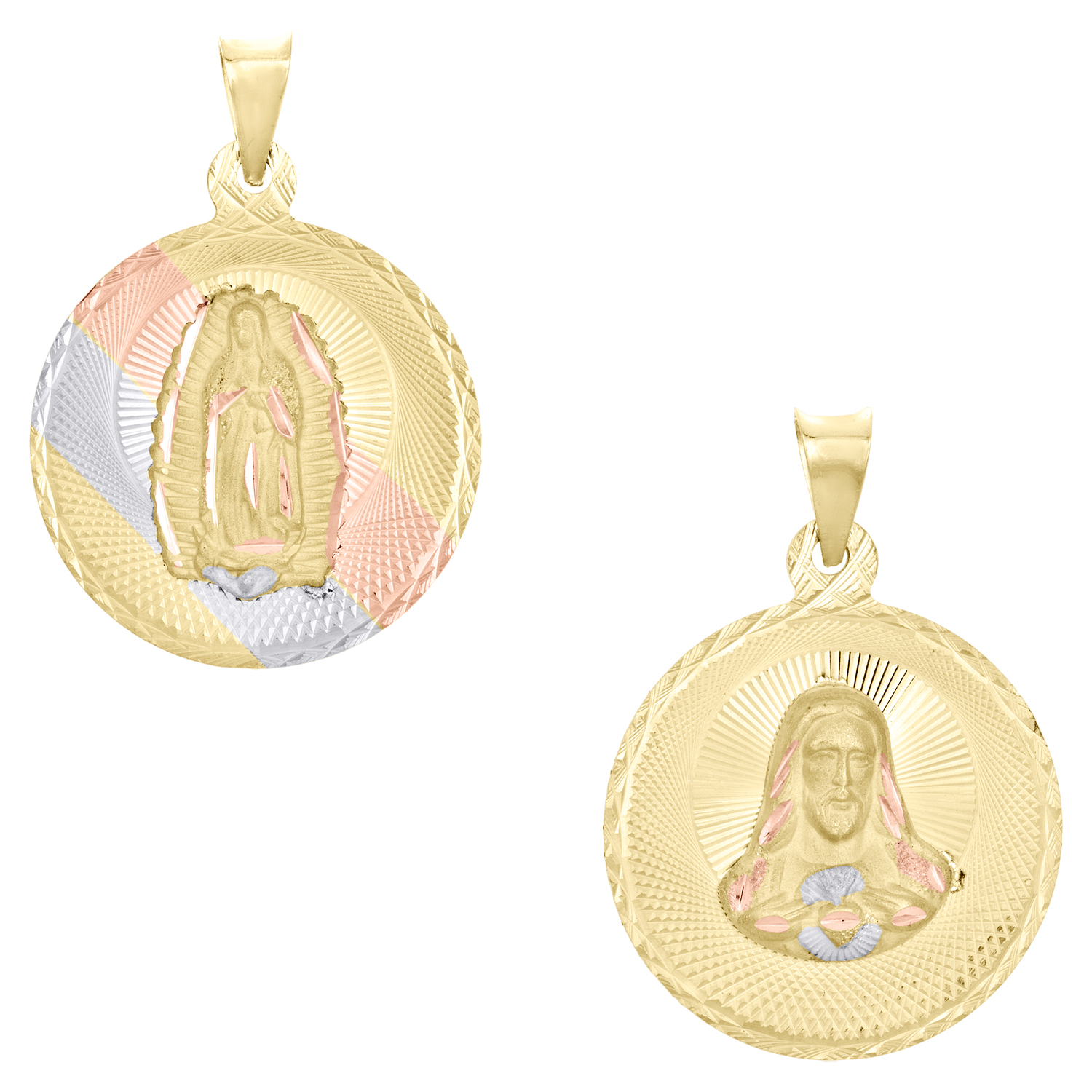 14K Tri Color Gold Sagrado Corazon de Jesus Pendant Necklace