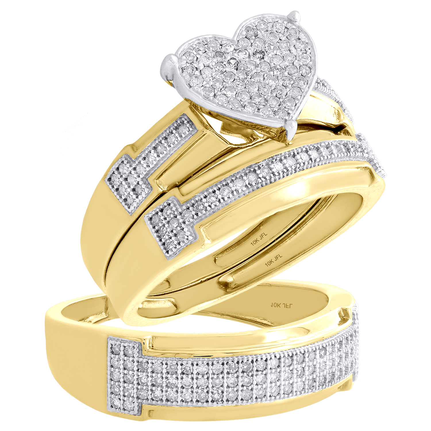 10K Yellow Gold Diamond Trio Set Matching Heart Engagement Ring