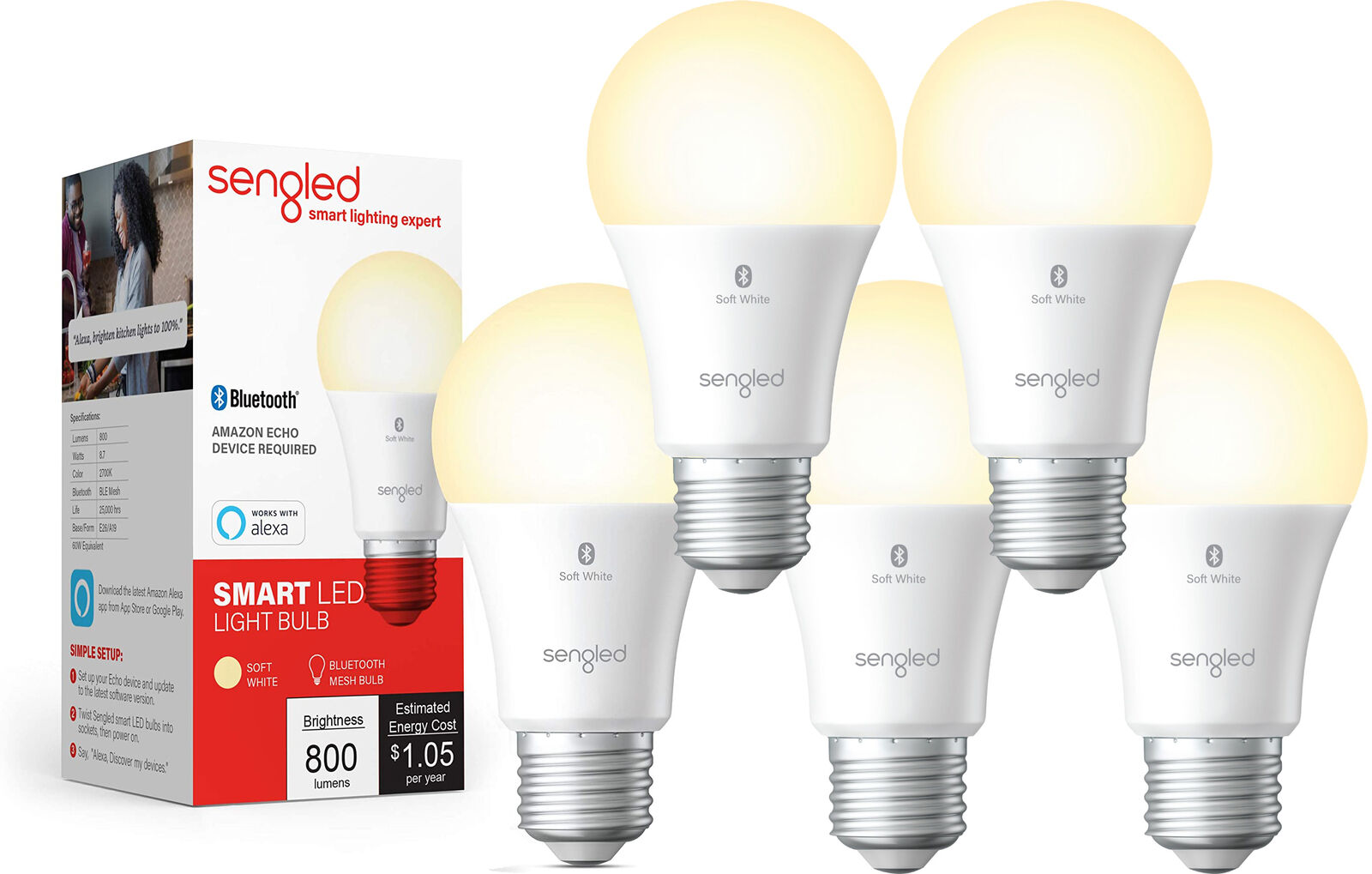 5 Pack Sengled Smart Bluetooth Mesh Dimmable LED Light Bulb Works with