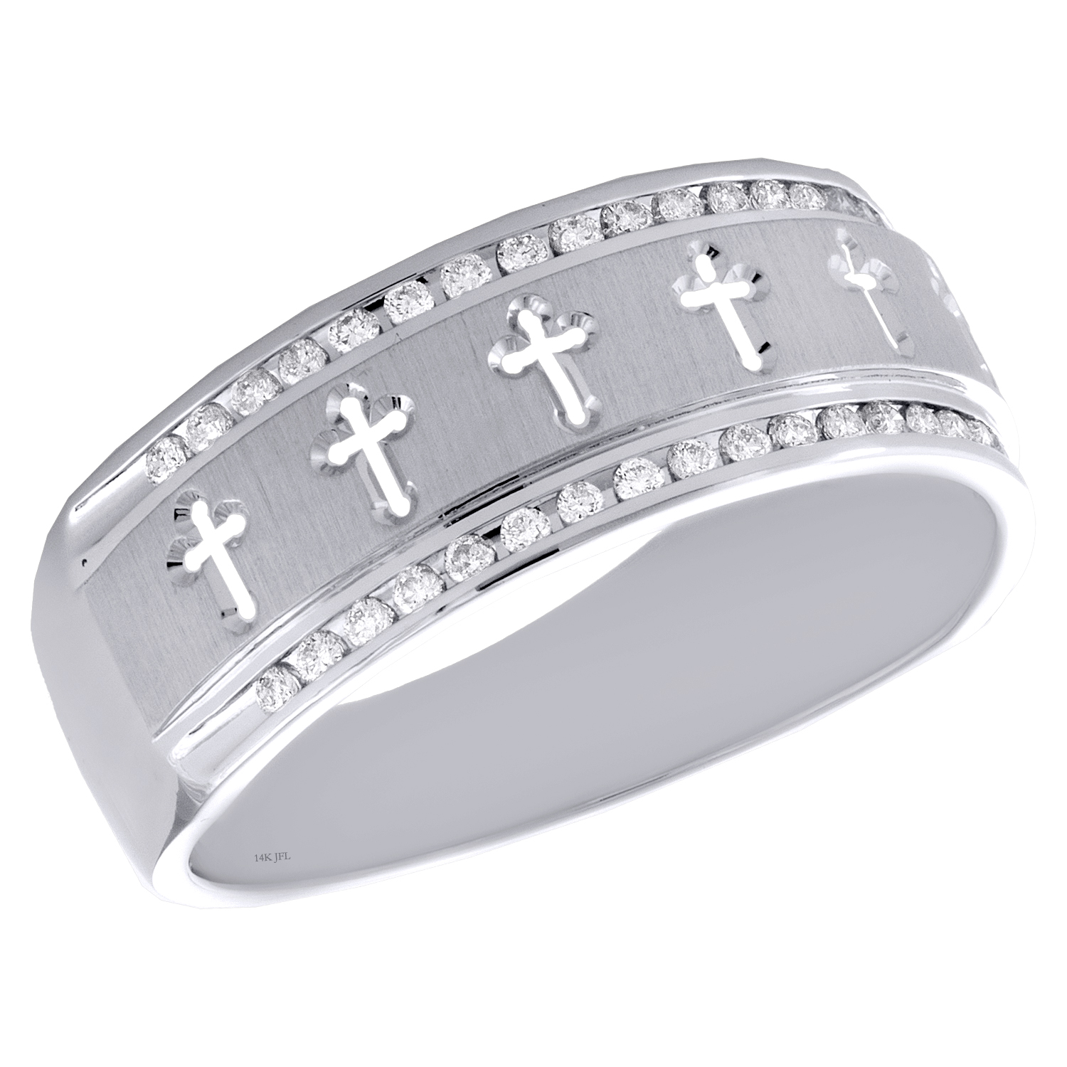 14K White Gold Round Diamond Fancy Religious Cross Wedding Band 8mm ...